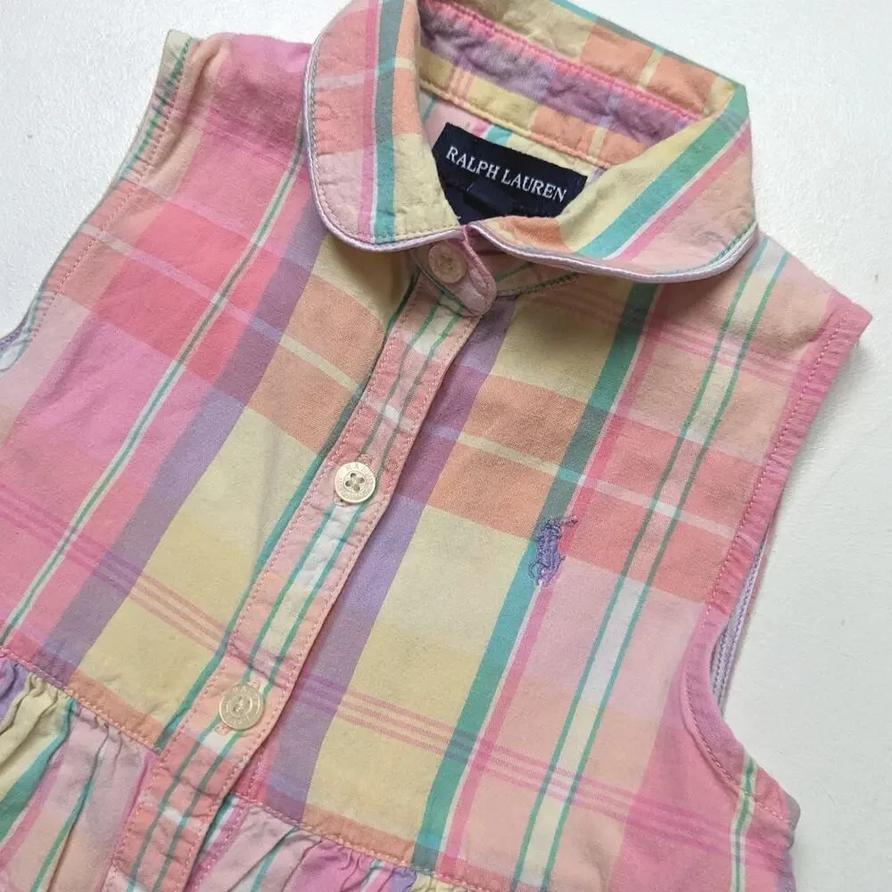 Ralph Lauren Dress Girls Size 18m Pink Pastel Plaid Sundress Collared